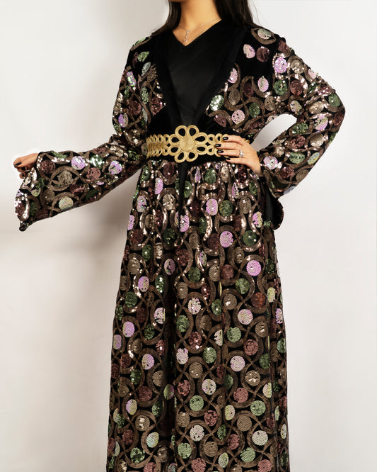 Black velvet base caftan with colourful designed sequence