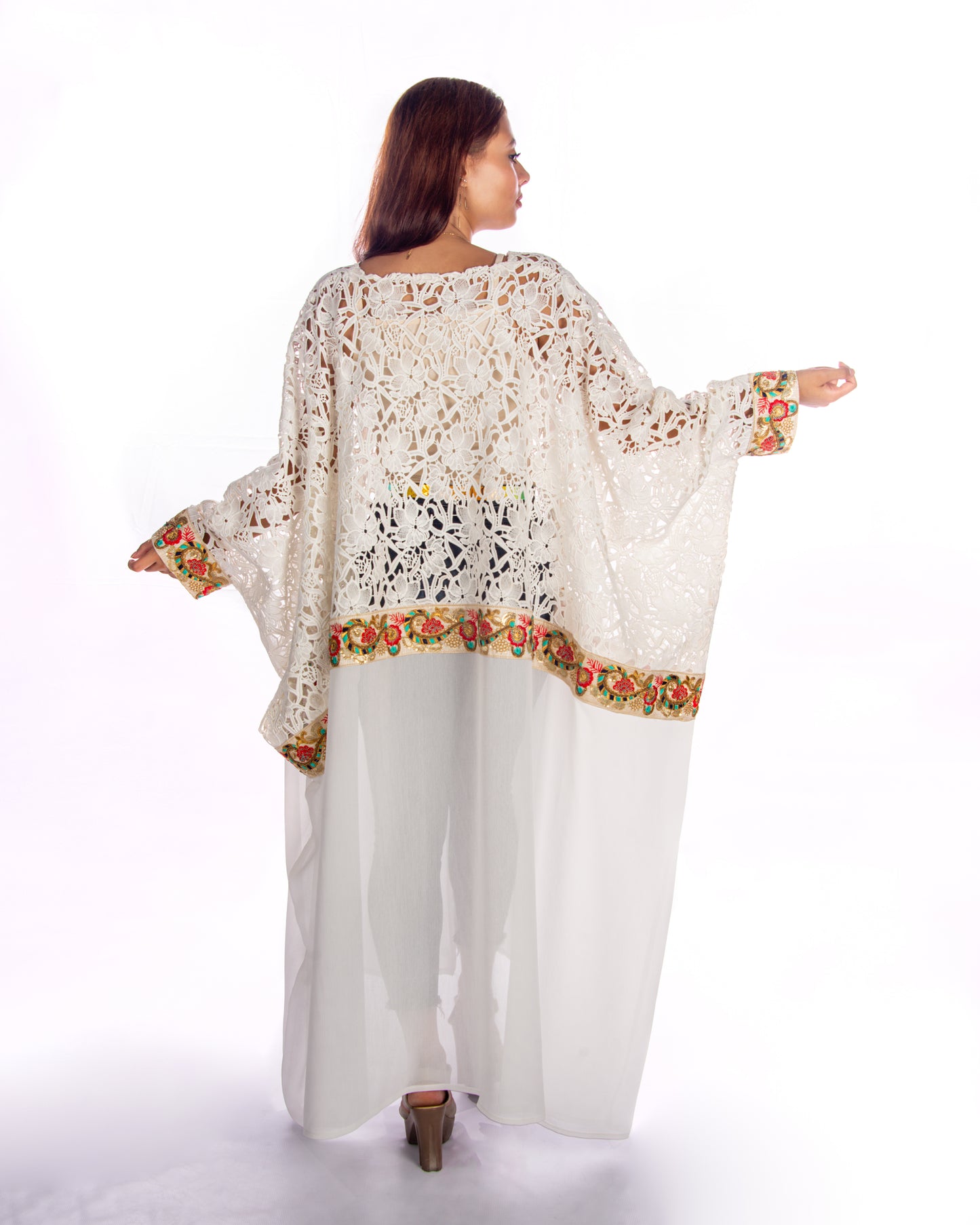 White dantel shifon bisht with colorful embroidery