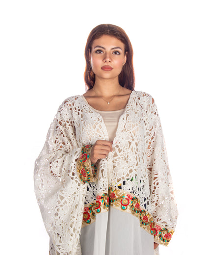 White dantel shifon bisht with colorful embroidery