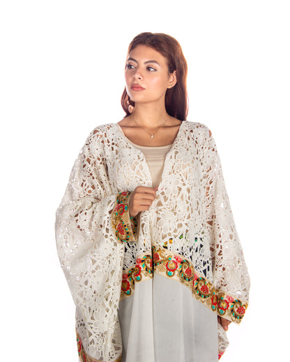 White dantel shifon bisht with colorful embroidery