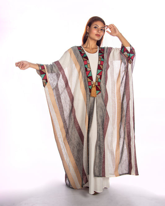 Linen bisht abaya with embroidery lace