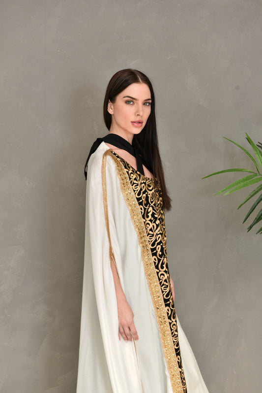 Crepe georgette kaftan dress with calligraphy trimming