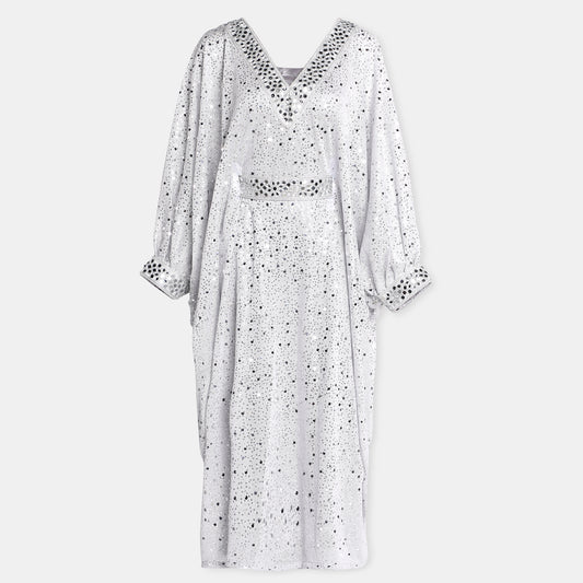 Silver embellished kaftan dress with v-neckline and billowy sleeves