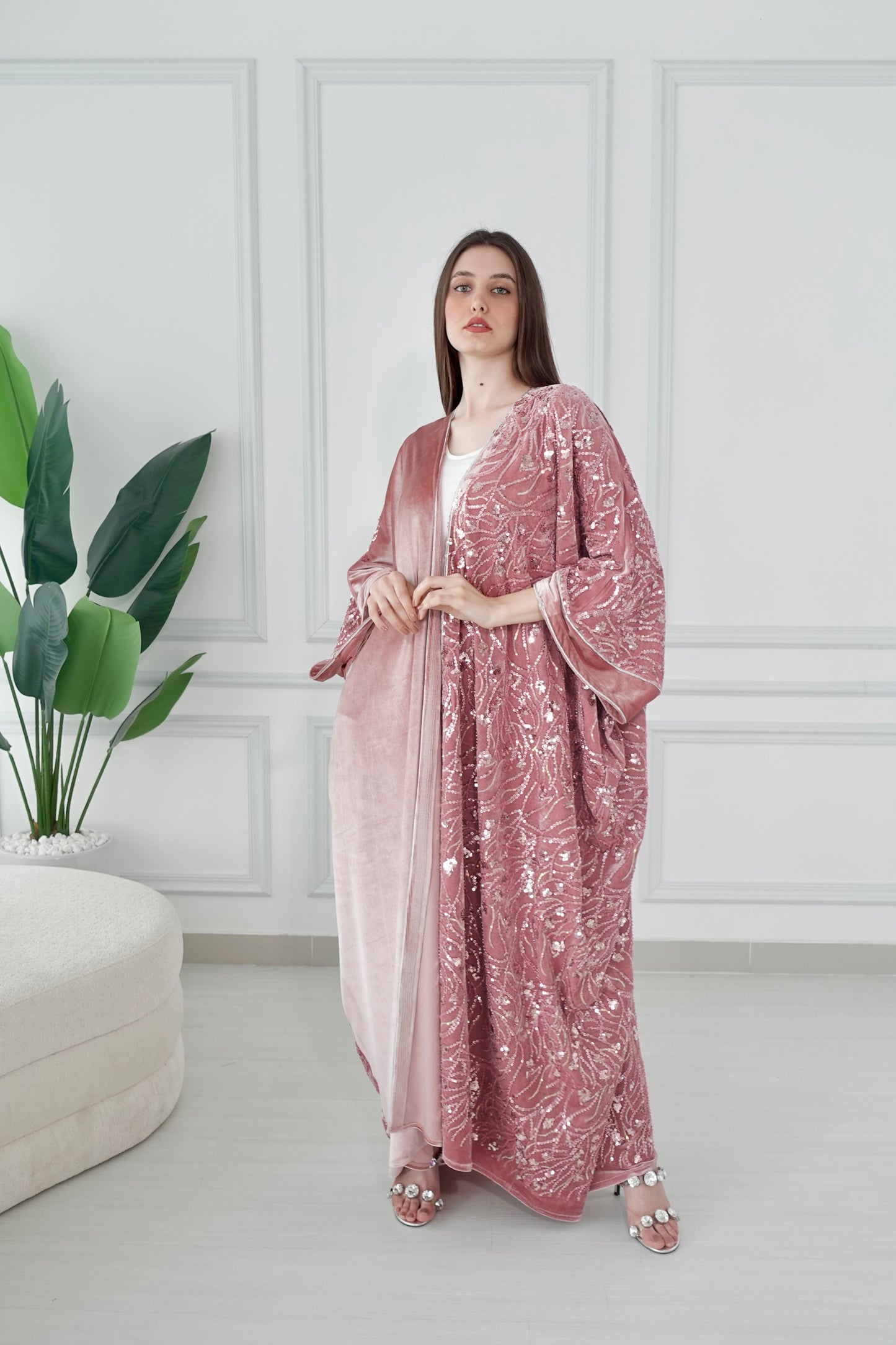 Velvet beads embroidered pink bisht