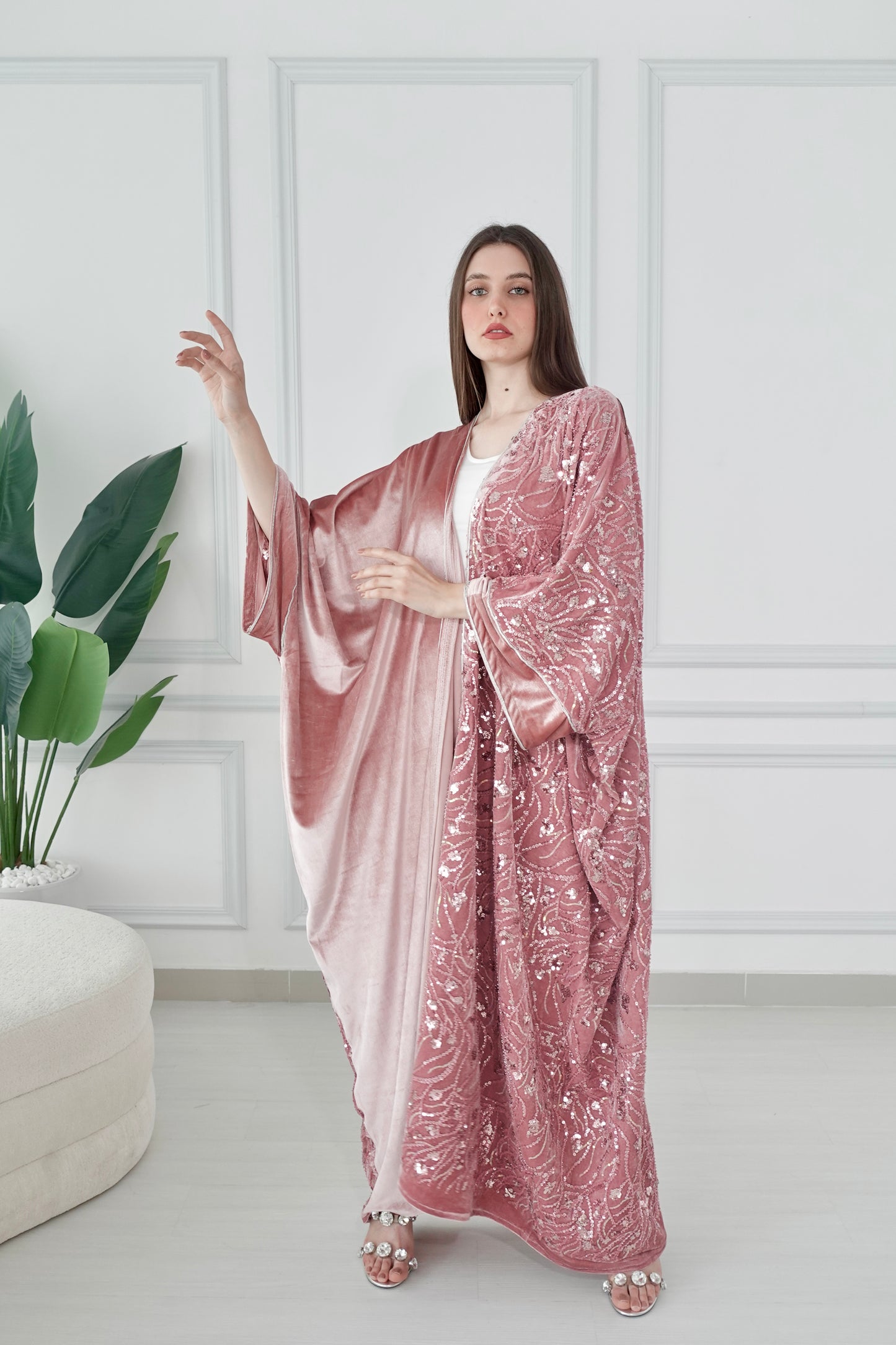 Velvet beads embroidered pink bisht