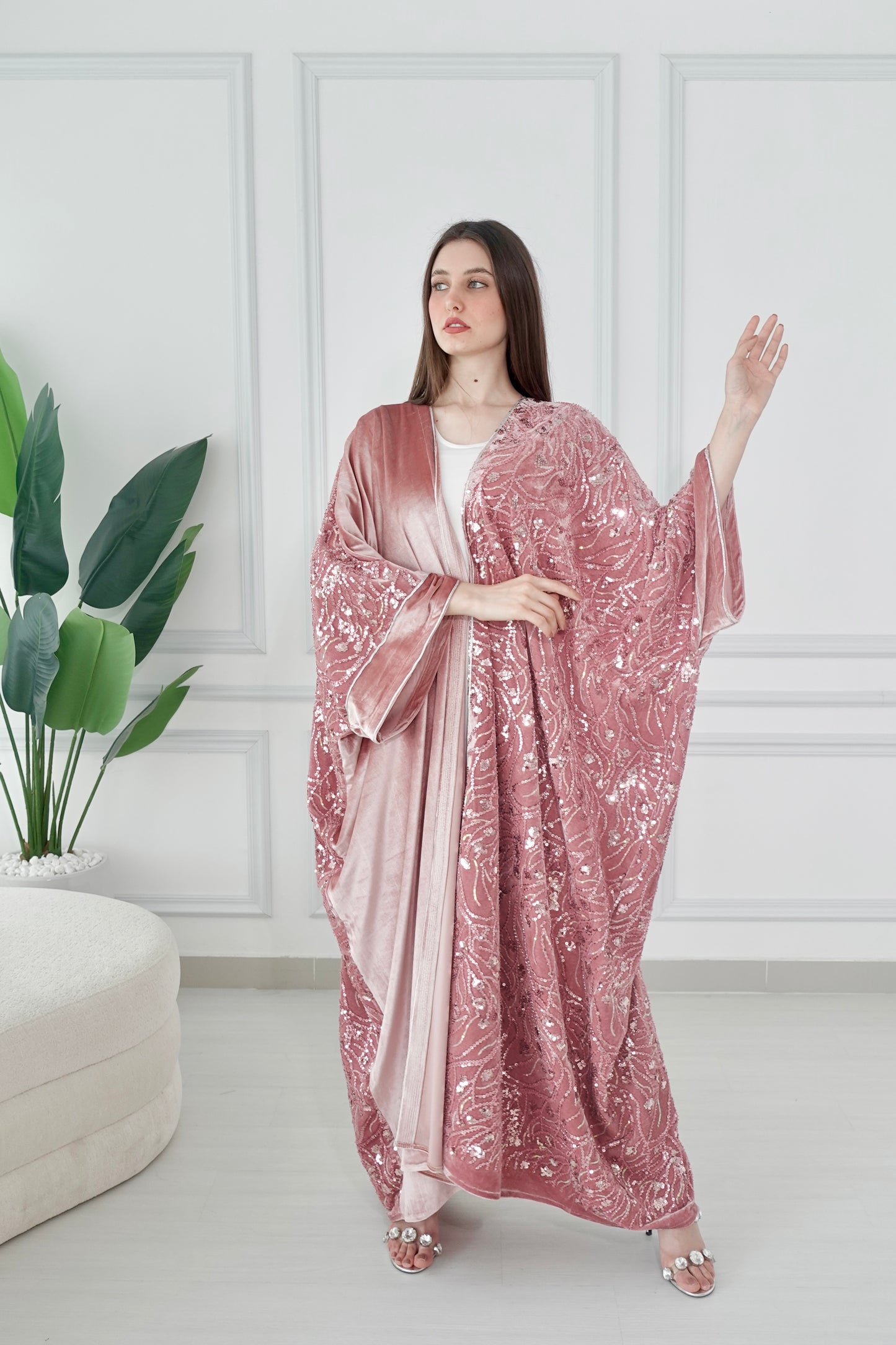 Velvet beads embroidered pink bisht