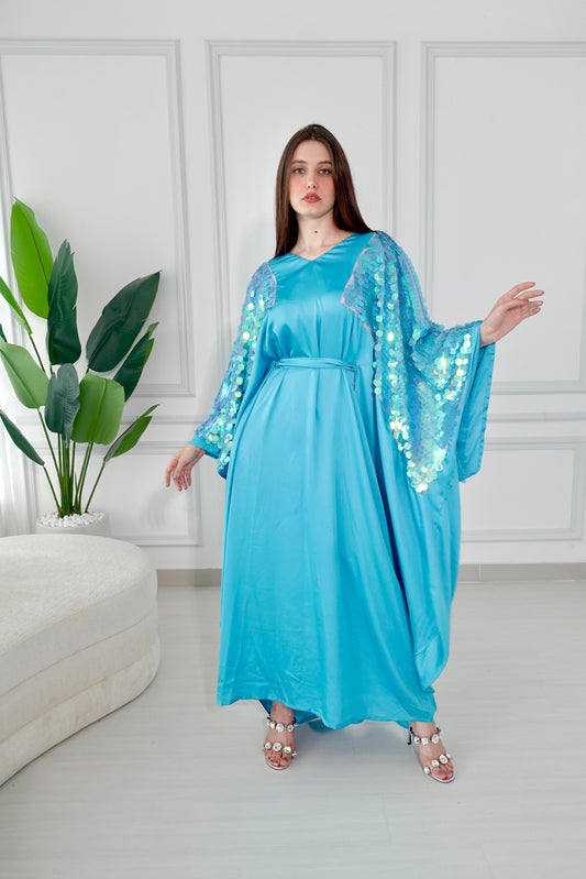 Turquoise kaftan dress with sequence embroidery