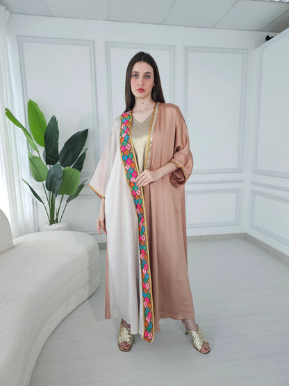 Colorful abaya with embroidered calligraphy trimming