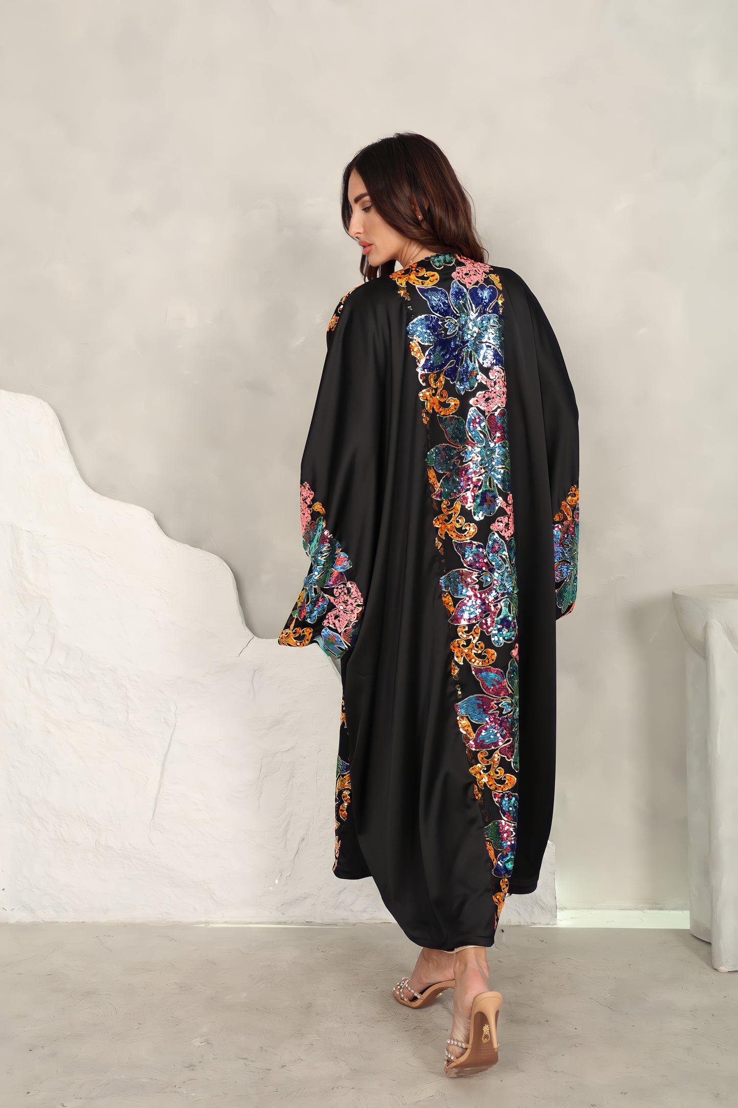 Black satin Abaya with sequence embroidery