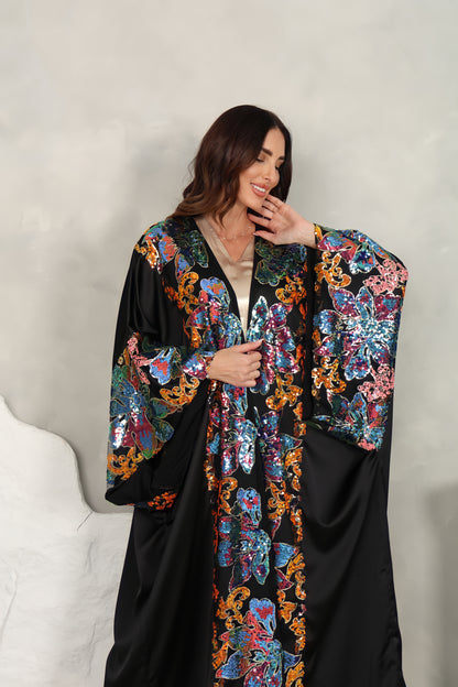 Black satin Abaya with sequence embroidery