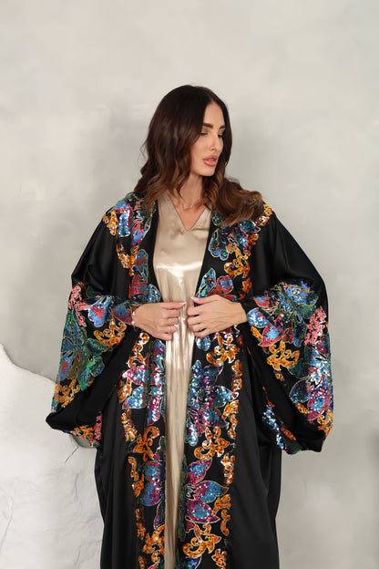 Black satin Abaya with sequence embroidery