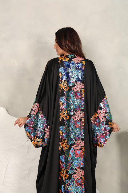 Black satin Abaya with sequence embroidery