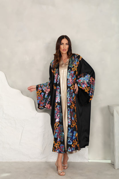 Black satin Abaya with sequence embroidery