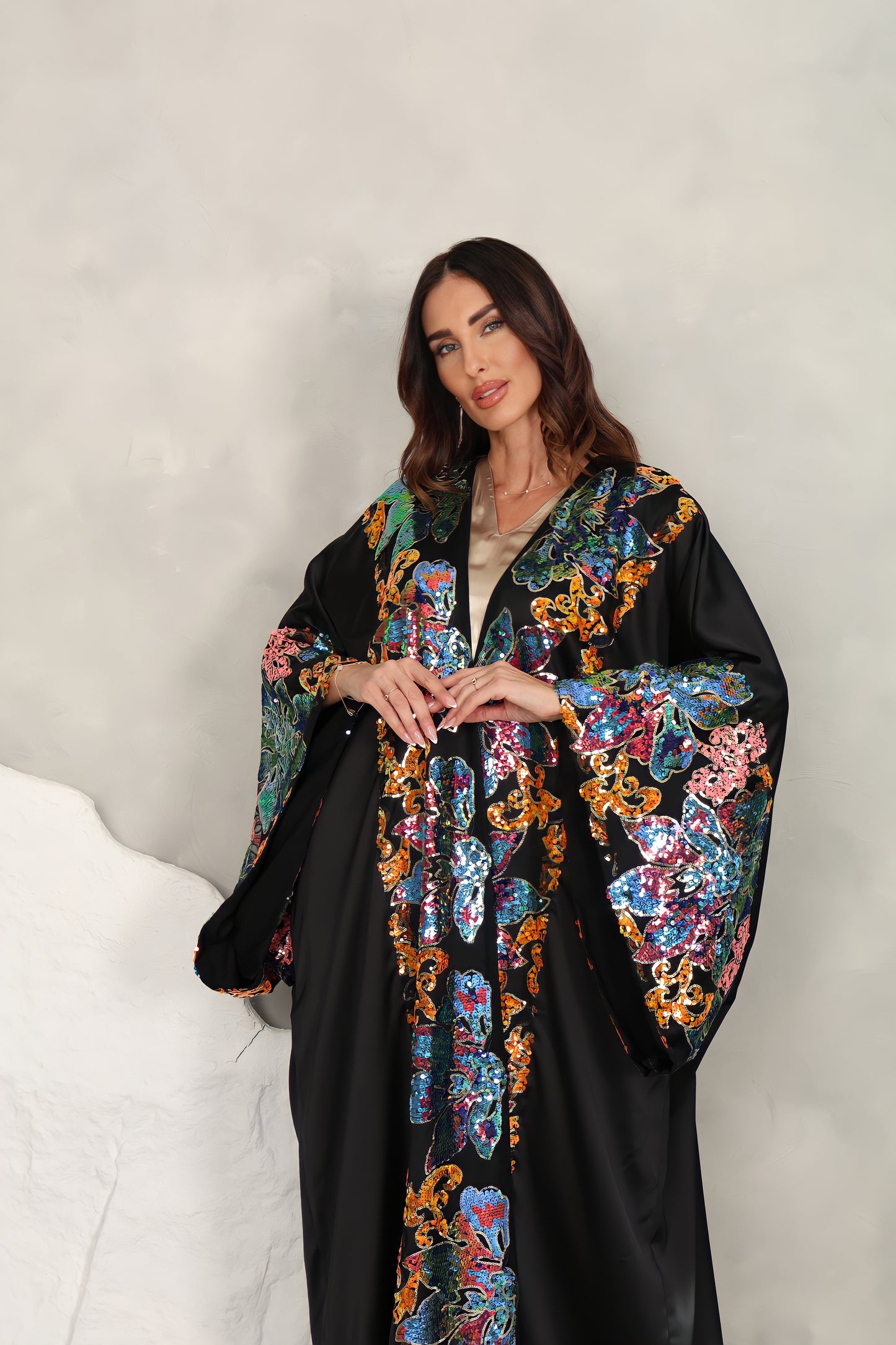 Black satin Abaya with sequence embroidery