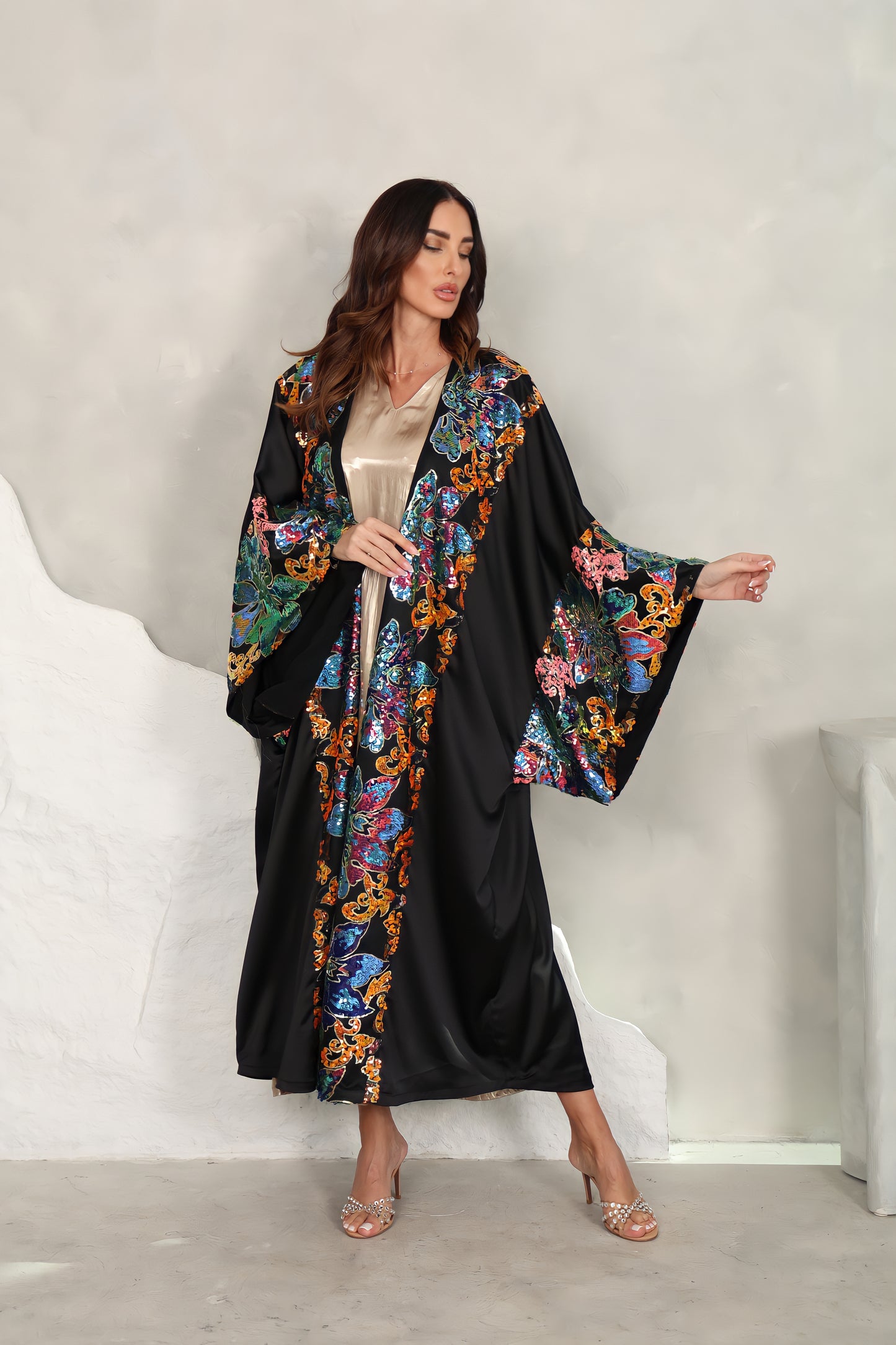 Black satin Abaya with sequence embroidery