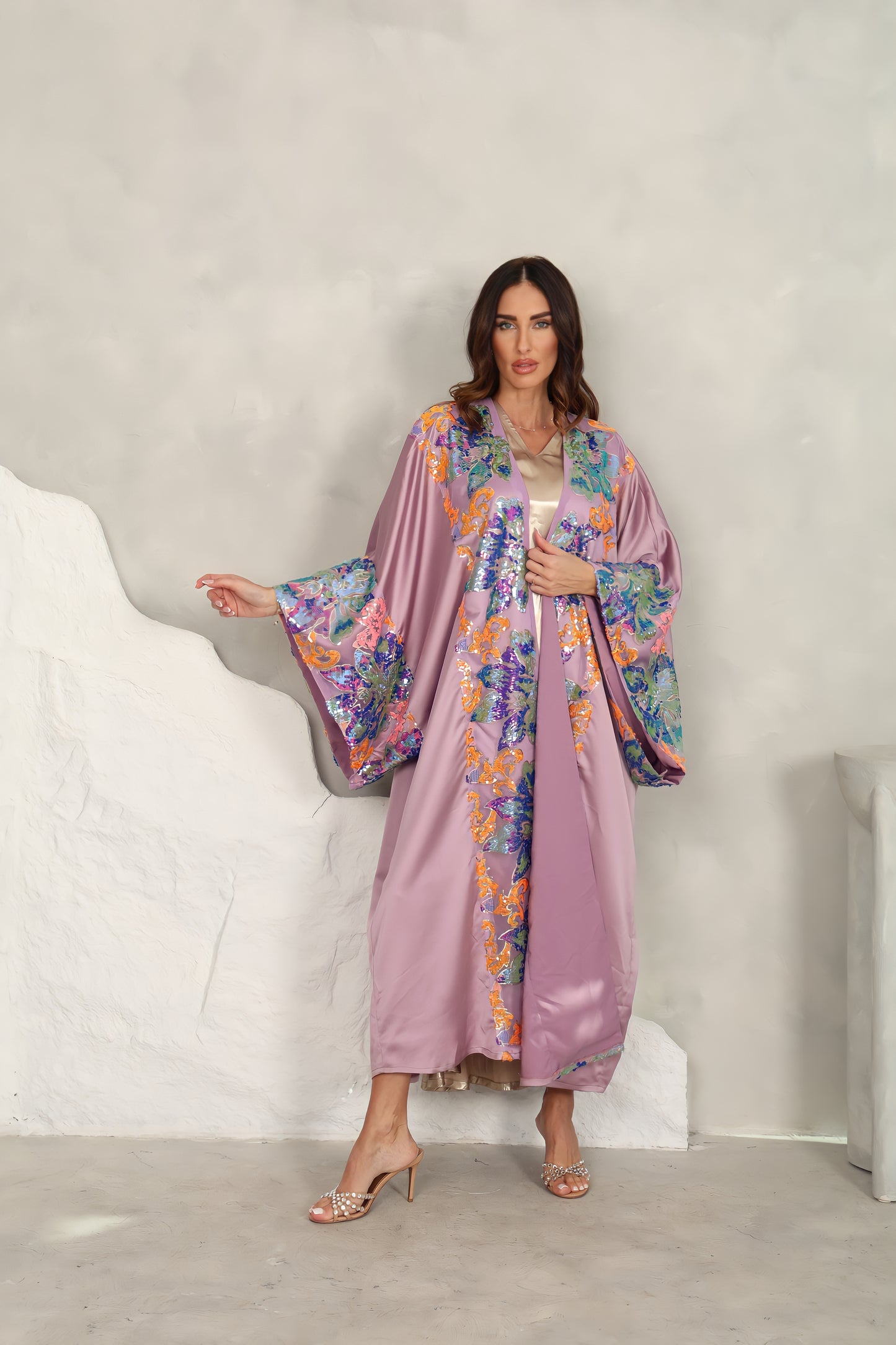 Purple satin Abaya with sequence embroidery