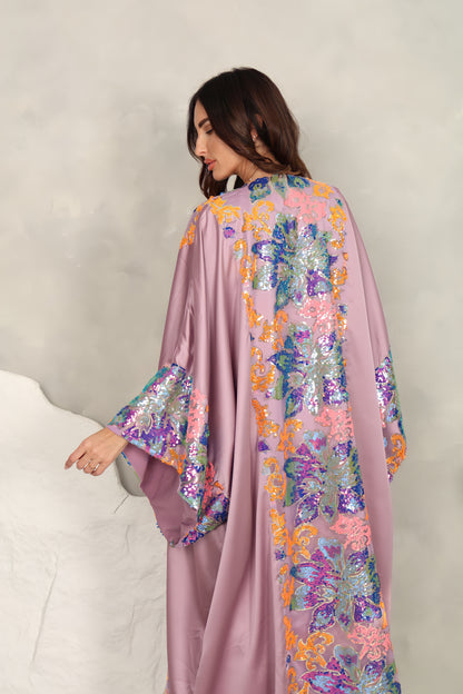 Purple satin Abaya with sequence embroidery