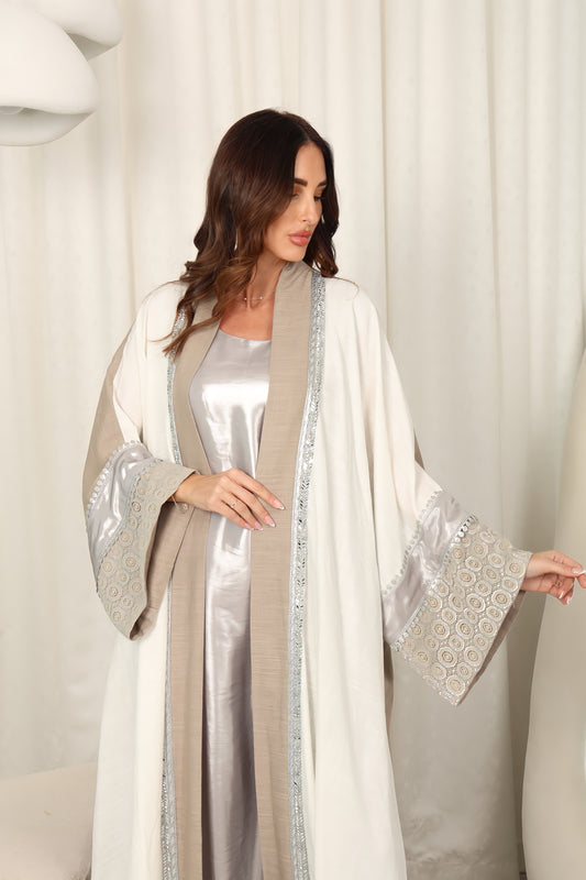 Kakhi and off white linen Abaya with metalic dantel