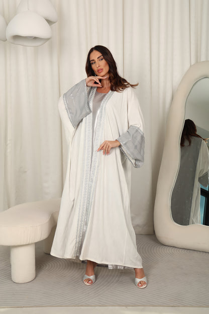 White and silver linen Abaya