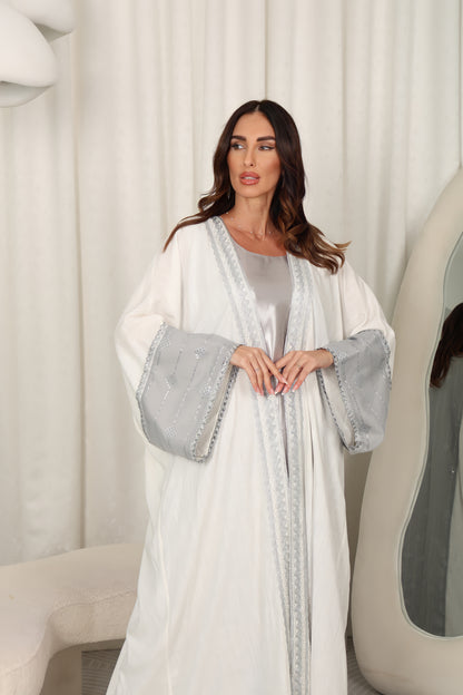 White and silver linen Abaya