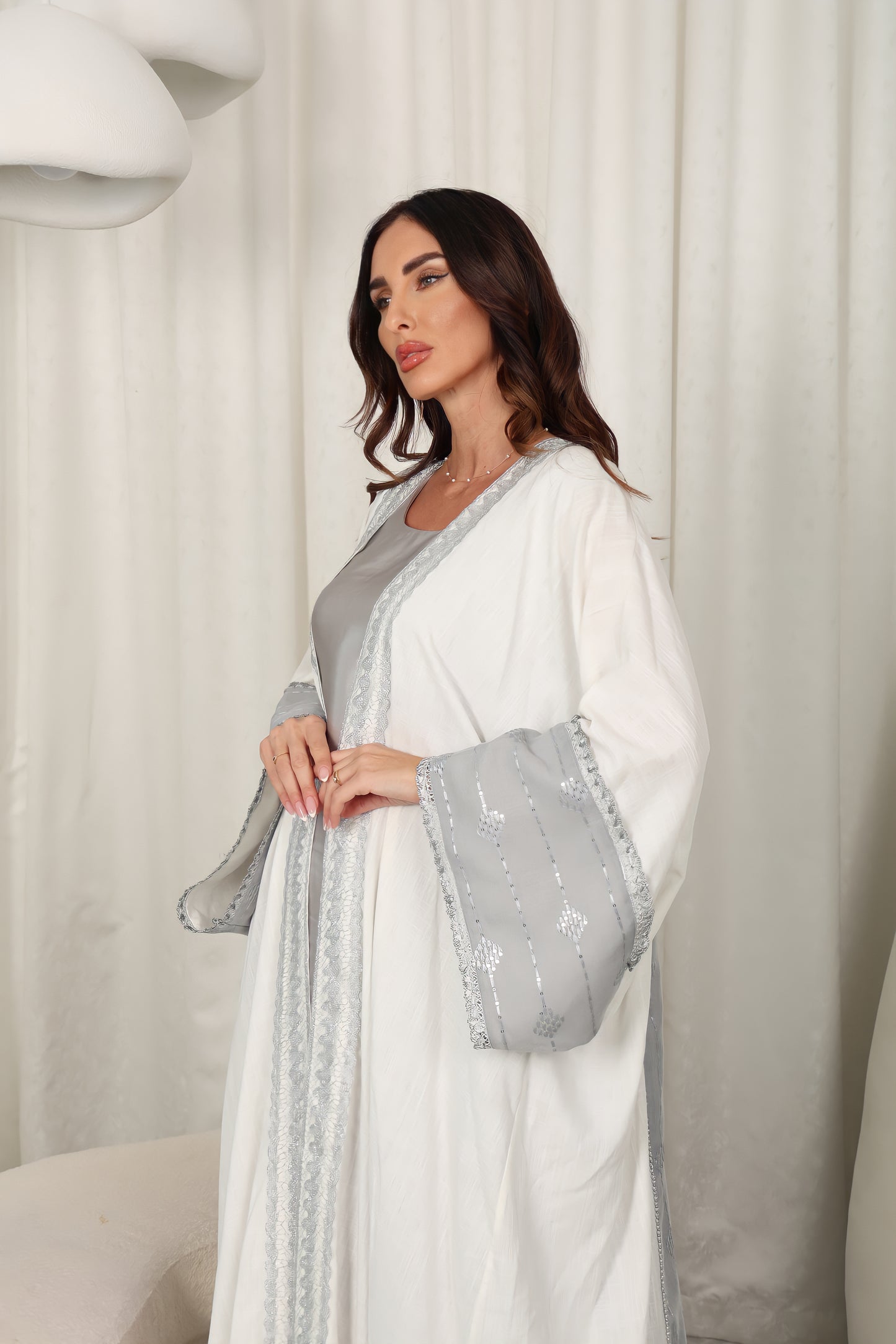 White and silver linen Abaya