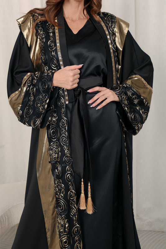 Black abaya with Metalic and chiffon handmade embroidery