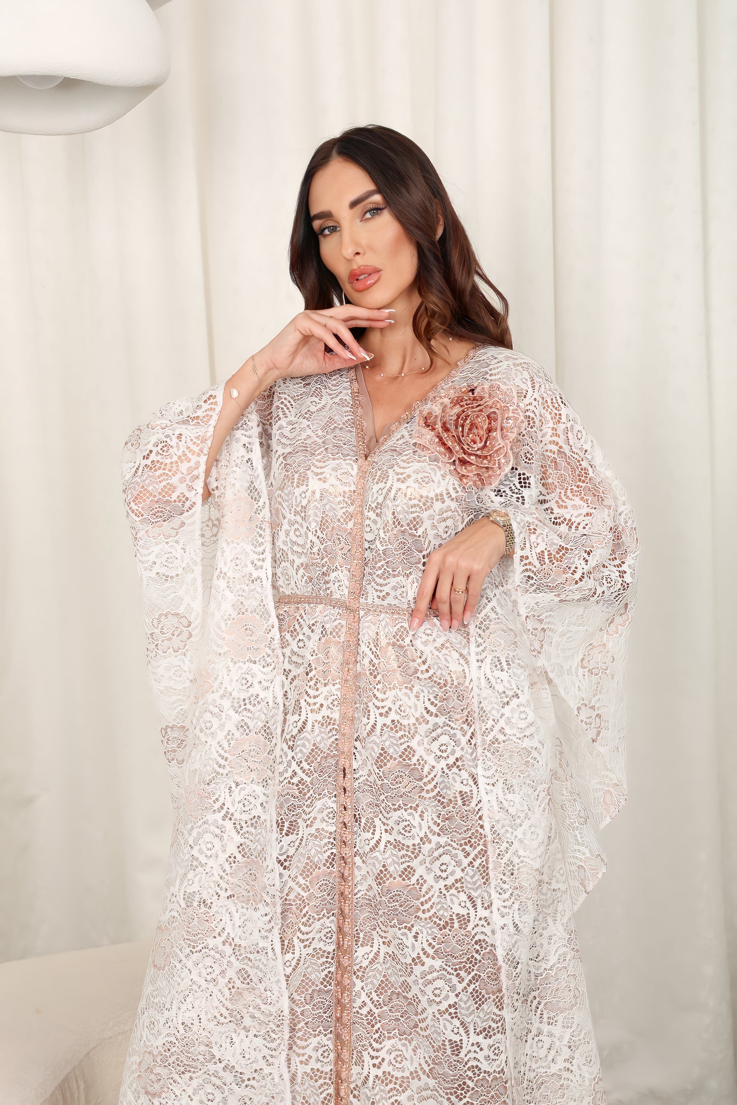 White dantel Kaftan dress embroidered with beads and 3D flower