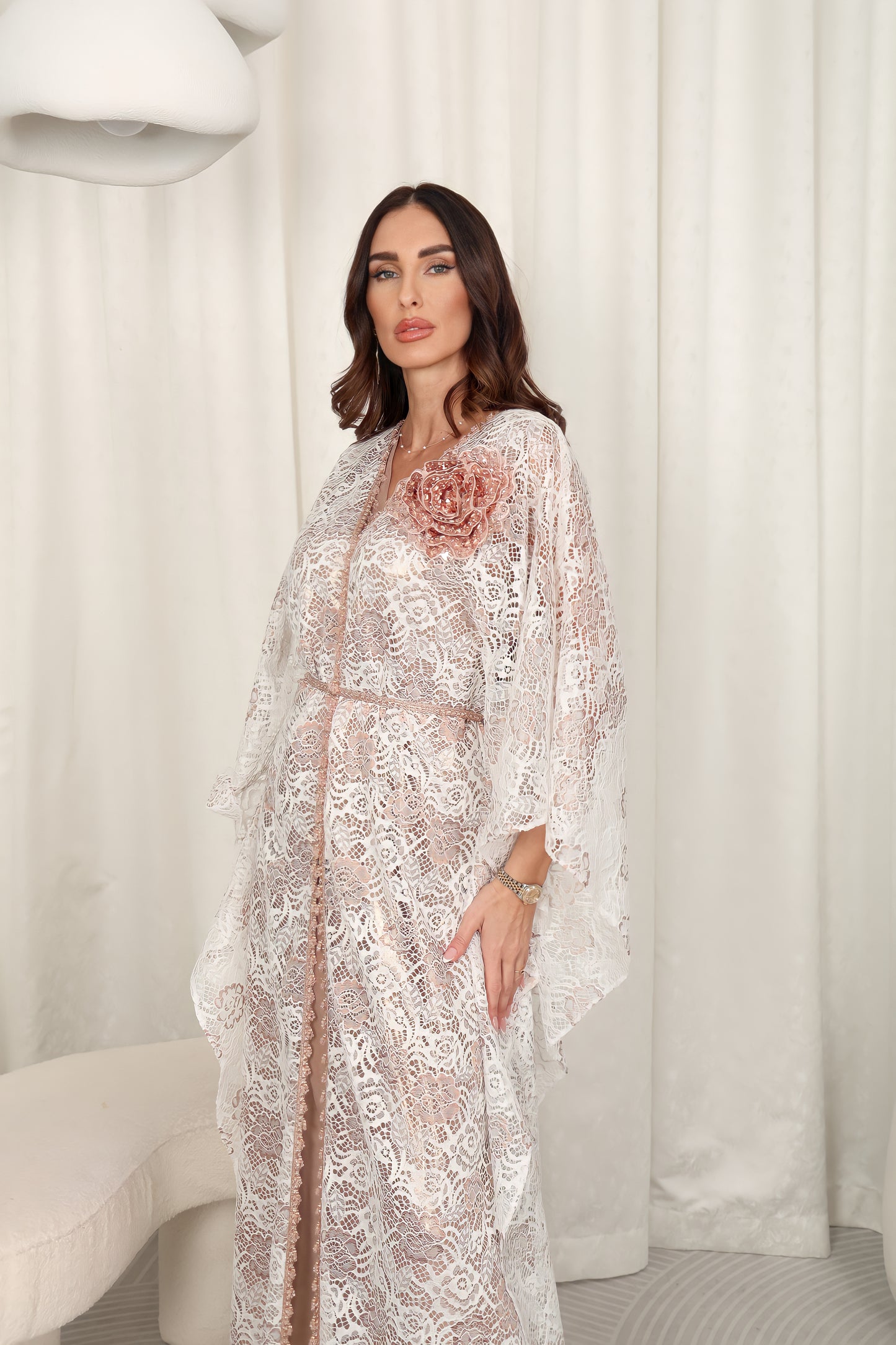 White dantel Kaftan dress embroidered with beads and 3D flower