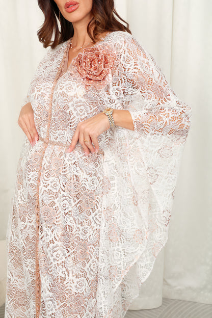 White dantel Kaftan dress embroidered with beads and 3D flower