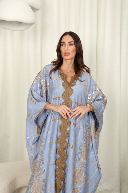 Blue cotton embroidered Kaftan dress