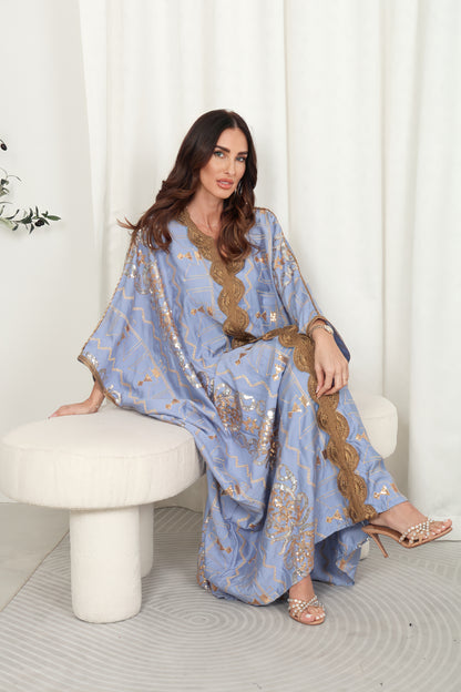 Blue cotton embroidered Kaftan dress