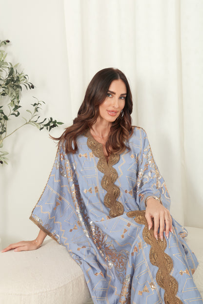 Blue cotton embroidered Kaftan dress