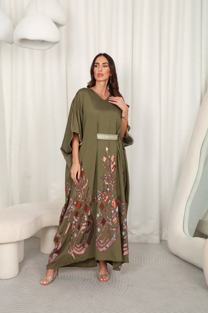 Olive green embroidered Kaftan dress