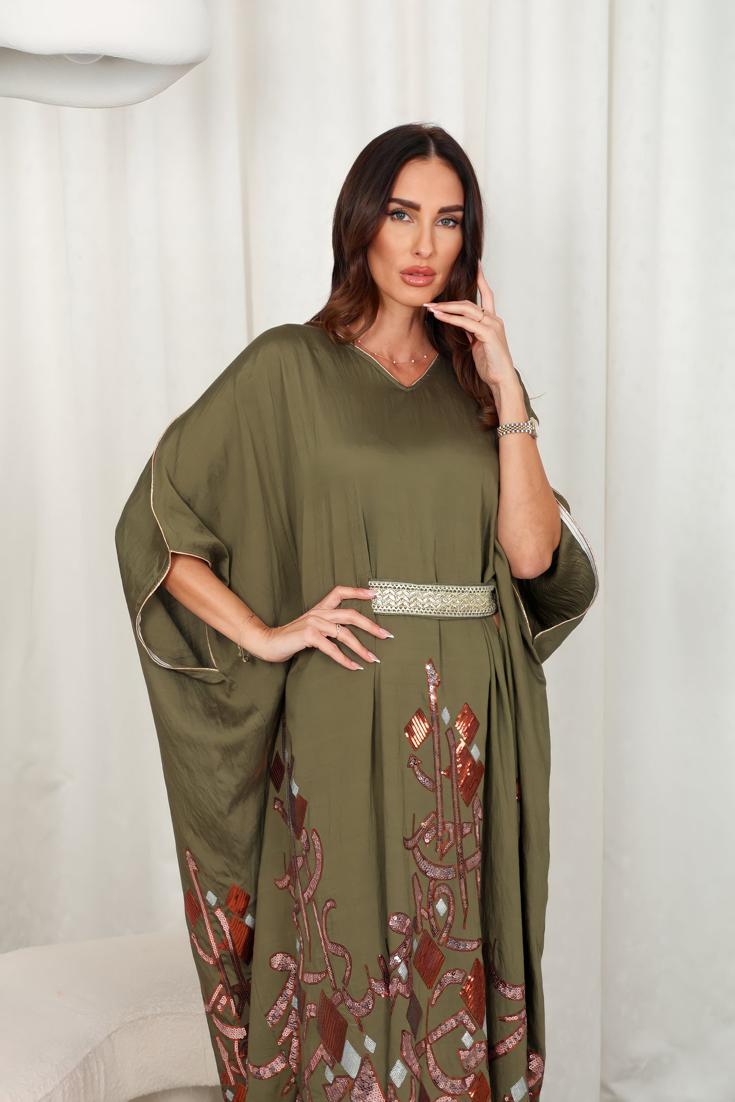 Olive green embroidered Kaftan dress