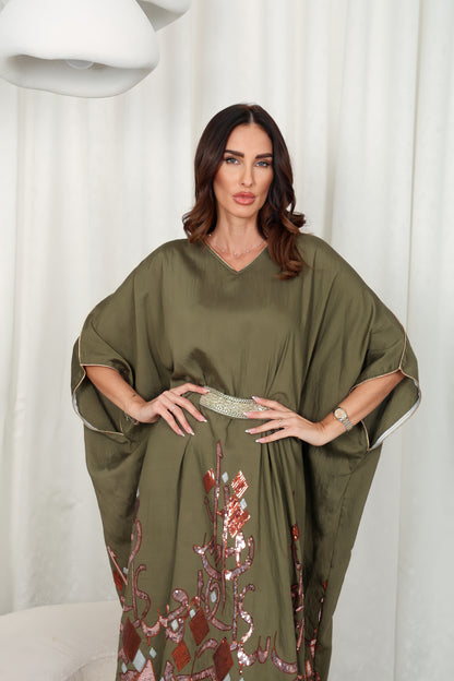 Olive green embroidered Kaftan dress