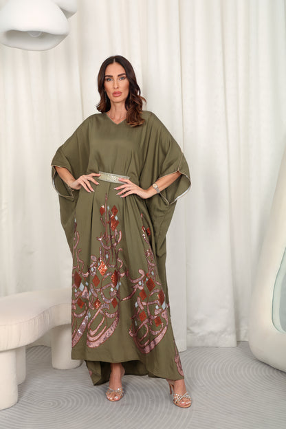 Olive green embroidered Kaftan dress