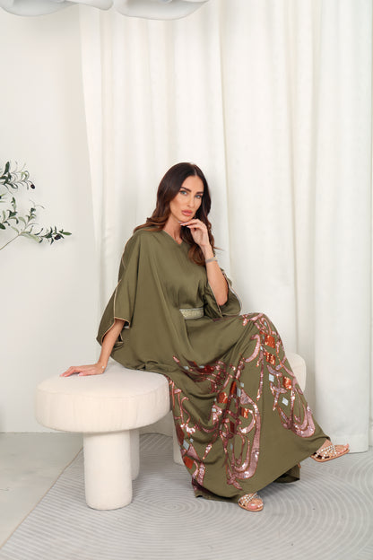 Olive green embroidered Kaftan dress