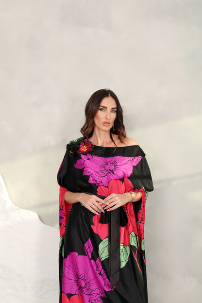 Black silk printed Kaftan with 3D embroidered flowers