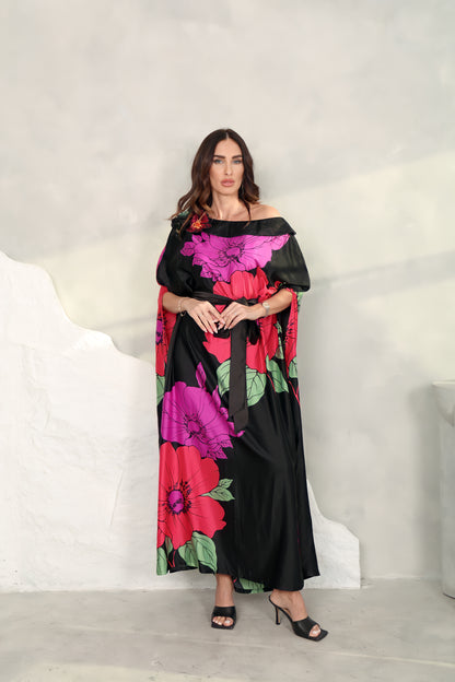 Black silk printed Kaftan with 3D embroidered flowers