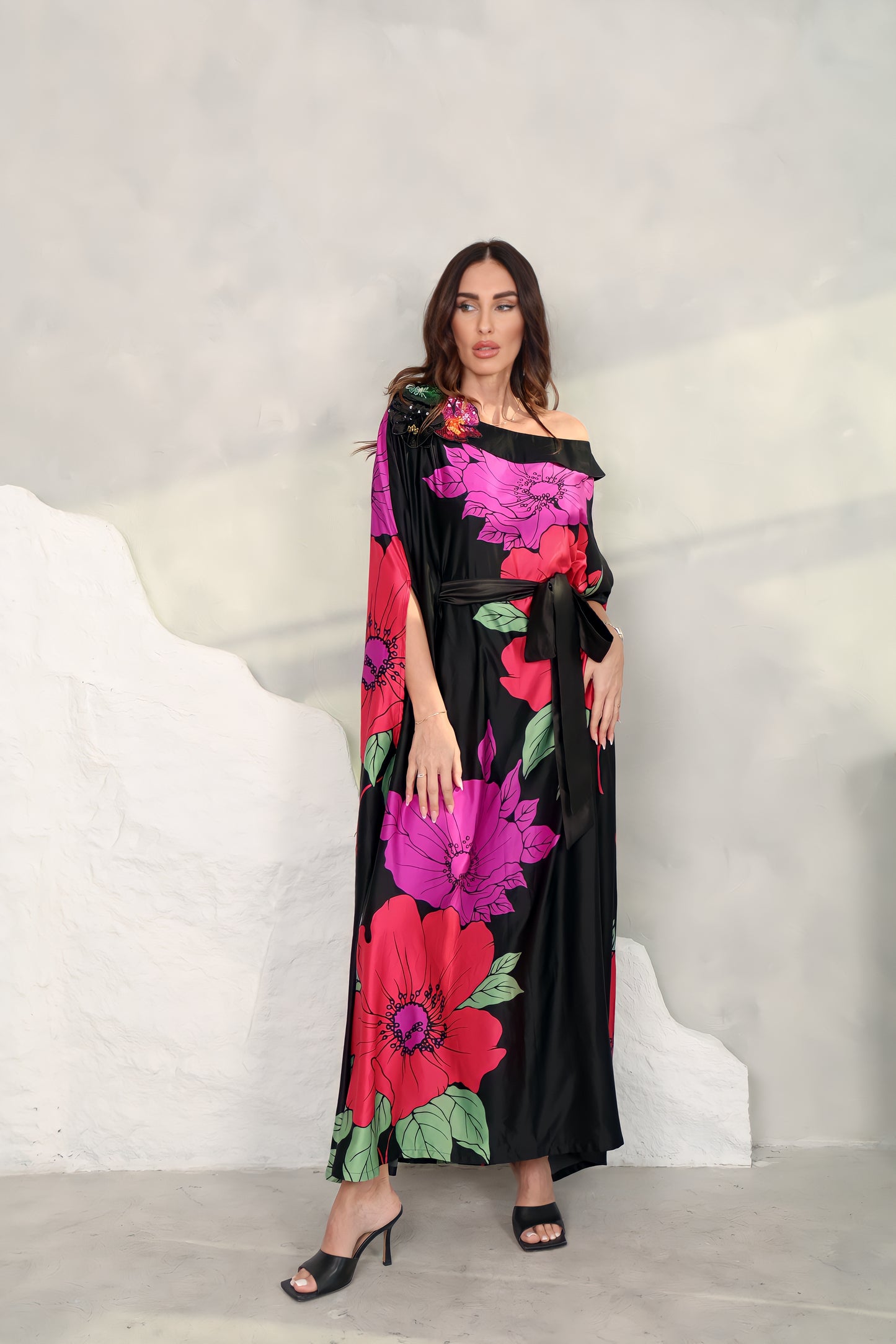 Black silk printed Kaftan with 3D embroidered flowers