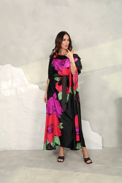 Black silk printed Kaftan with 3D embroidered flowers