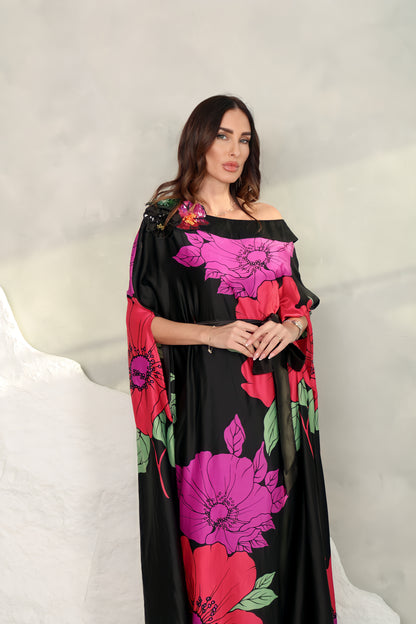 Black silk printed Kaftan with 3D embroidered flowers