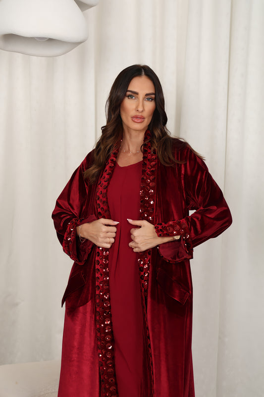 Burgundy velvet Abaya with flowers sequence embroidery