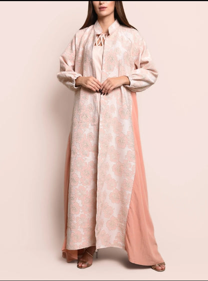 Peach jacquard ,crepe abaya with dress