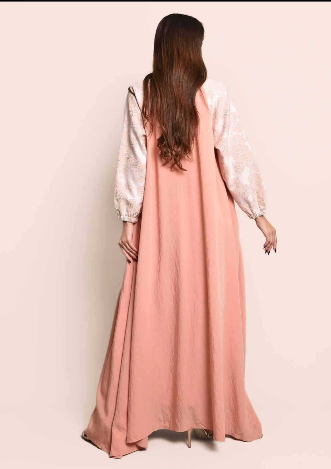 Peach jacquard ,crepe abaya with dress