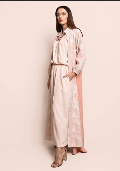 Peach jacquard ,crepe abaya with dress