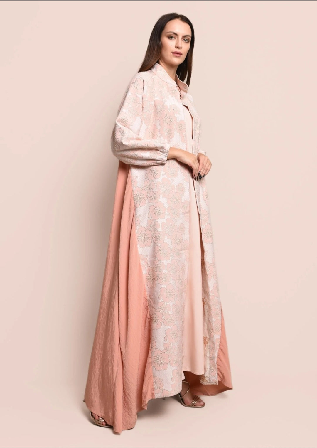 Peach jacquard ,crepe abaya with dress