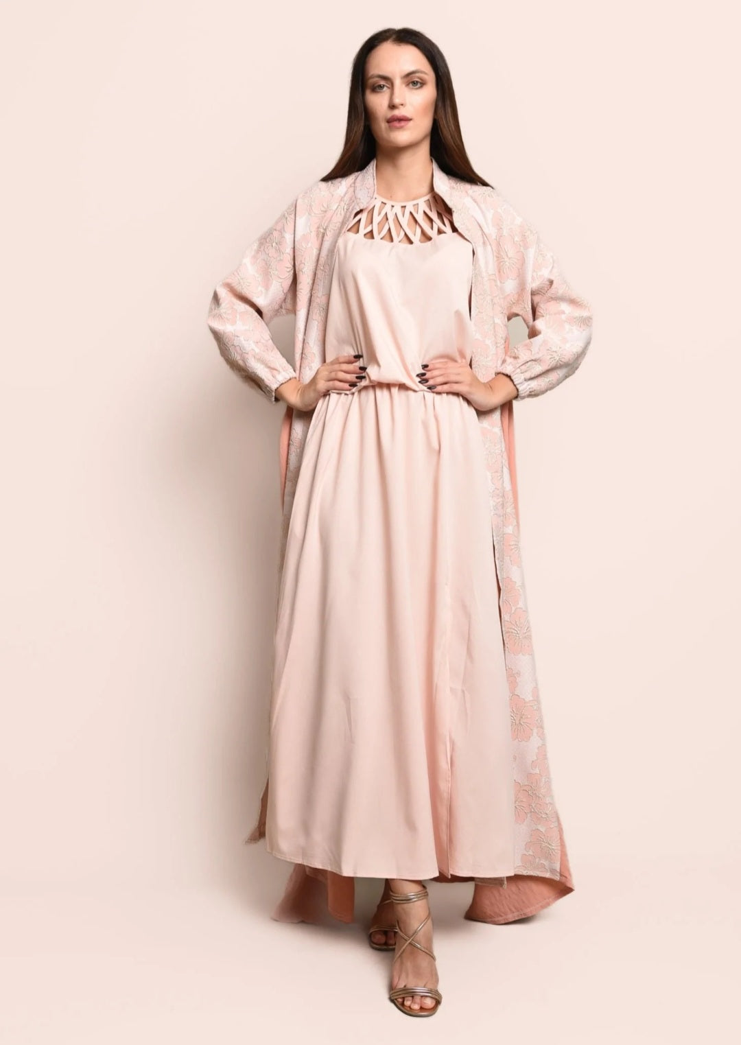 Peach jacquard ,crepe abaya with dress