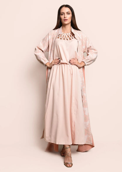 Peach jacquard ,crepe abaya with dress