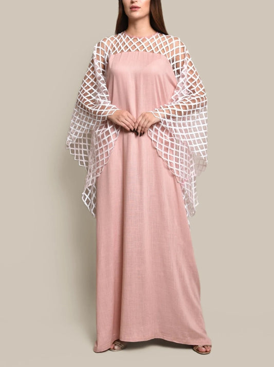 Pink kaftan dress with sequence embroidered tulle sleeves